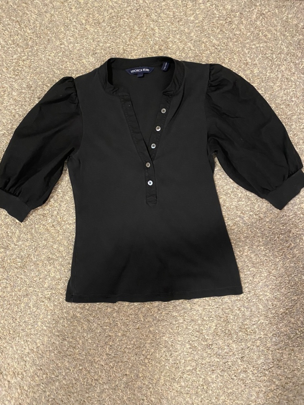 Veronica Beard Black Puff-Sleeve Henley Polo